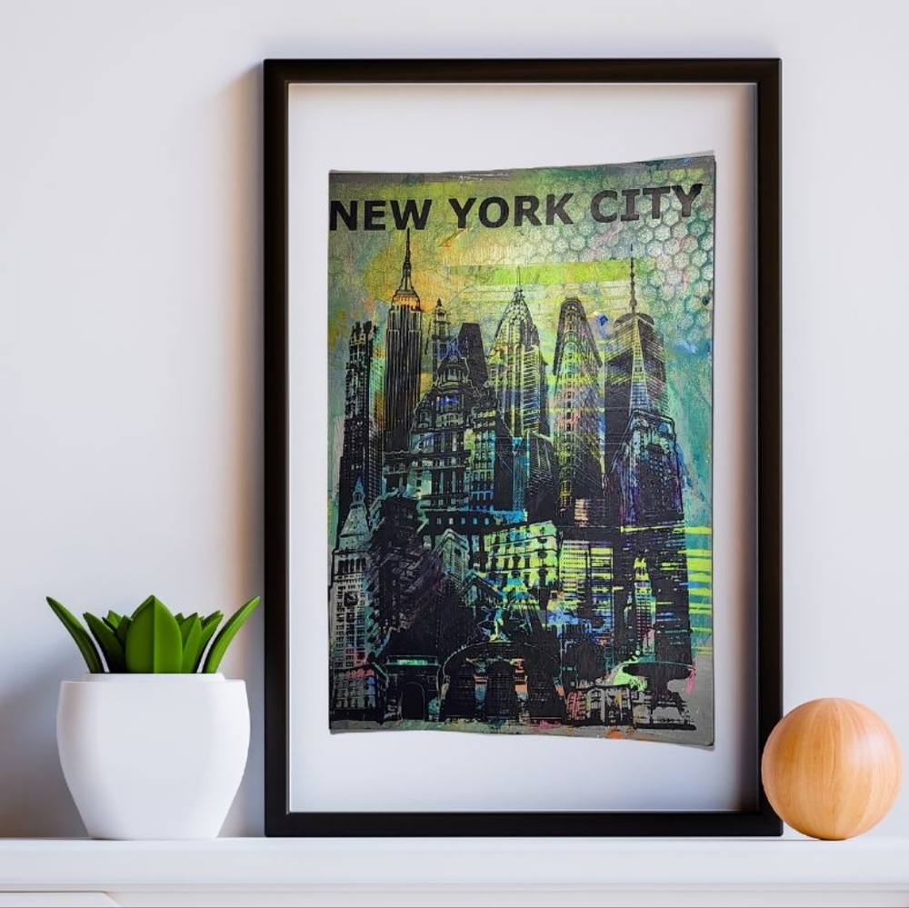 One-of-a-kind! 'NYC Skyline' Monoprint Poster. 19 x 13". Multi-color